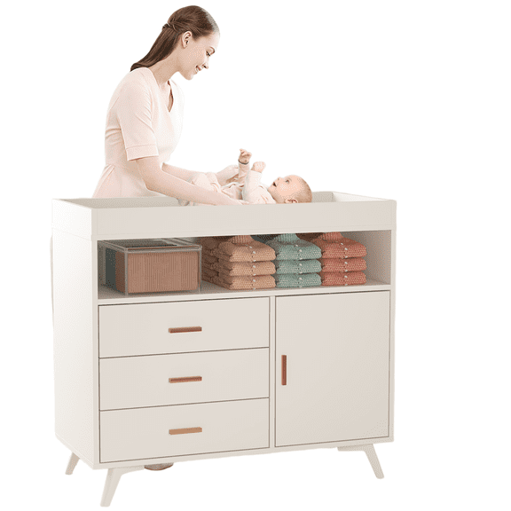Garvee Baby Changing Table Dresser, Wooden Nursery Chest with 3 Drawers & Open Shelves, Removable Top, White