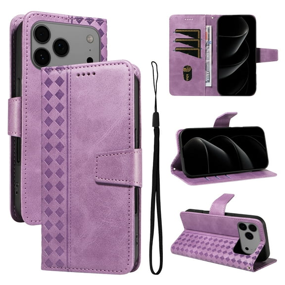 for iPhone 17 Pro Wallet Case, PU Leather Flip Cover with Kickstand, Magnetic Closure Wrist Strap 3 Card Slots & 1 Cash Pocket Shockproof Full Body Protection for iPhone 17 Pro, Purple