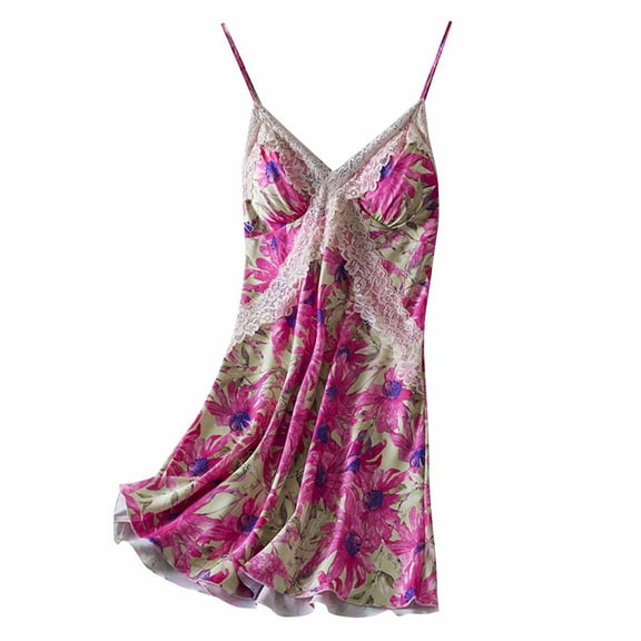 Wyobmus Womens Ice Silk Nightgown Comfortable Lace Sleeveless Sleepwear Soft Adjustable Suspender Sleepshirt Pleated Nightshirt Casual Loungewear A-Red