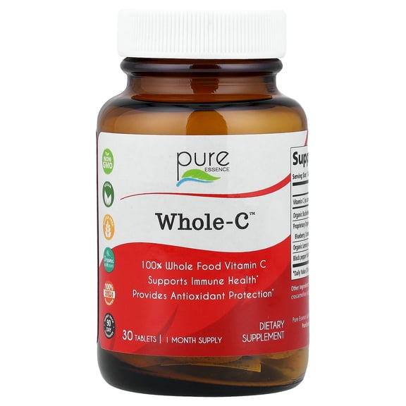 PURE ESSENCE LABS Whole-C Whole Food Vitamin C - Best Immune Support - Organic & Nature Vitamins - Immunity Booster & Dietary Supplements (30 Tablets)