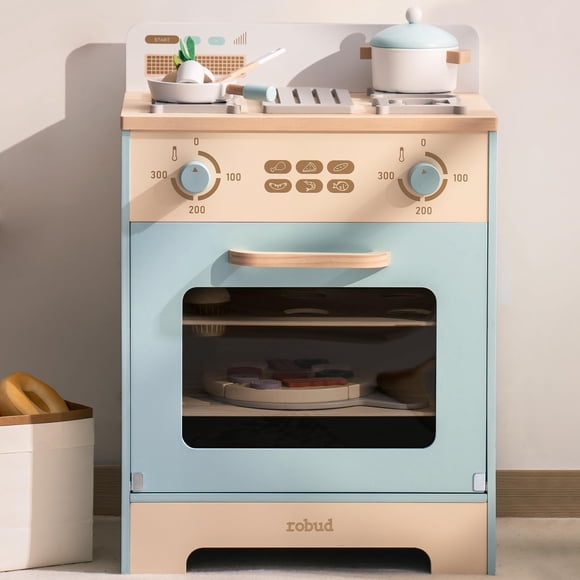 ROBUD Four en Bois pour Enfants, Ensemble de Cuisine de Jeu Réaliste en Bois, Accessoires de Cuisine de Jeu d'Imitation Ensemble de Cuisine Jouet pour Enfants avec Petits Gâteaux, Pizza, Plateau – B