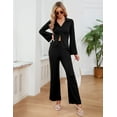 thumbnail image 2 of Women's 2 Piece Outfits Set Long Sleeve Notch Lapel Knit Sweater Top Wide Leg Lounge Pants Business Casual Cardigan Sets, 2 of 8