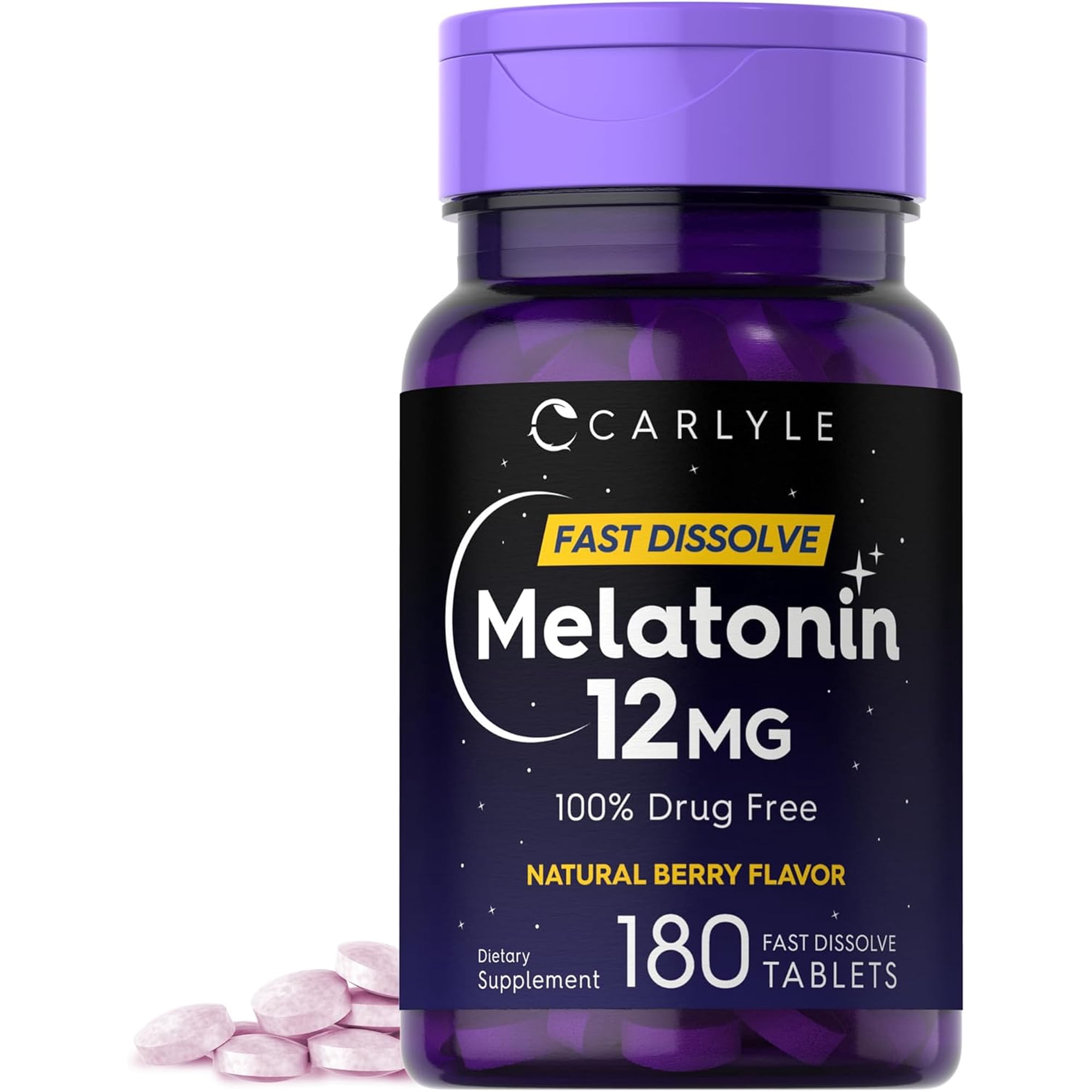 Melatonin 12 mg 180 tablets | Berry Flavor | Vegetarian Supplement for Men and Women | by Carlyle