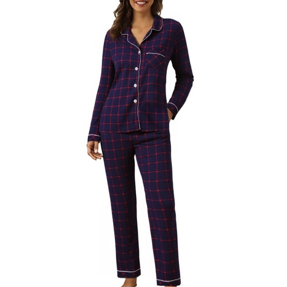 Womens Pajama Sets Cozy Pajama Long Sleeve Cardigan Plaid Fall Winter Home Sleepwear Loungewear Nightwear Nightclothes Homewear