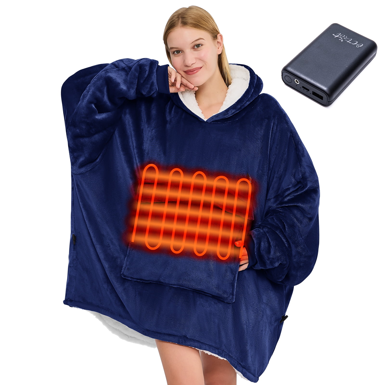 PMONPA Heated Wearable Blanket, Oversized Wearable Heated Blanket for Adult, Sherpa Fleece Blanket Hoodie,One Size, Blue