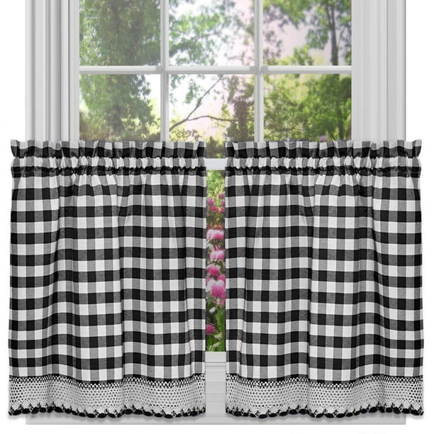 Achim Buffalo Check Kitchen Curtains, Set of 2 Tiers, 58 x 36, Black