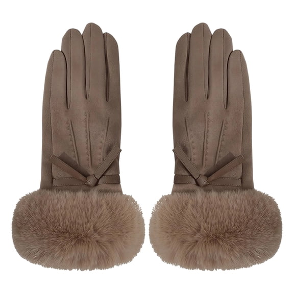 Pair of Dark Brown Faux Suede Women Gloves, Faux Fur Cuff Touchscreen Plush Lined Warm Stylish Lightweight Winter Outdoor