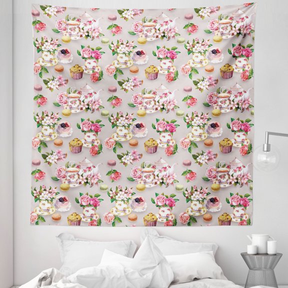 Vintage Tapestry, British Design Old Vintage Retro Image of Antique Tea Set Print, Fabric Wall Hanging Decor for Bedroom Living Room Dorm, 5 Sizes, Pale Pink Hot Pink, by Ambesonne