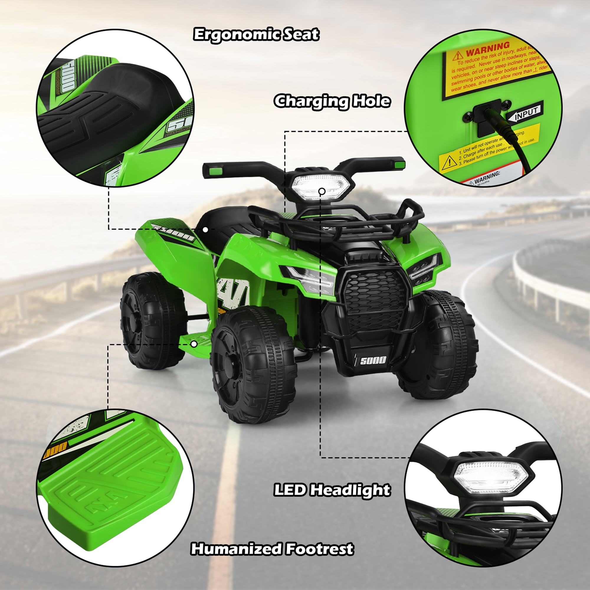 Gymax 6V 4 Wheels ATV Quad Ride On Car Kids Ride-On Toy w/ Music Horn LED Light Green