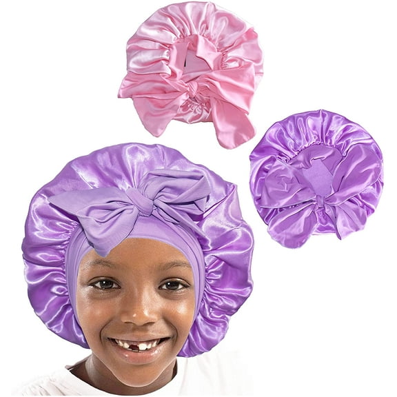 2pcs Pack Pink Small Baby Bonnet Kids Bonnet Infant Satin Silk Hair Bonnets with tie band bow for boys girls 4~12 years