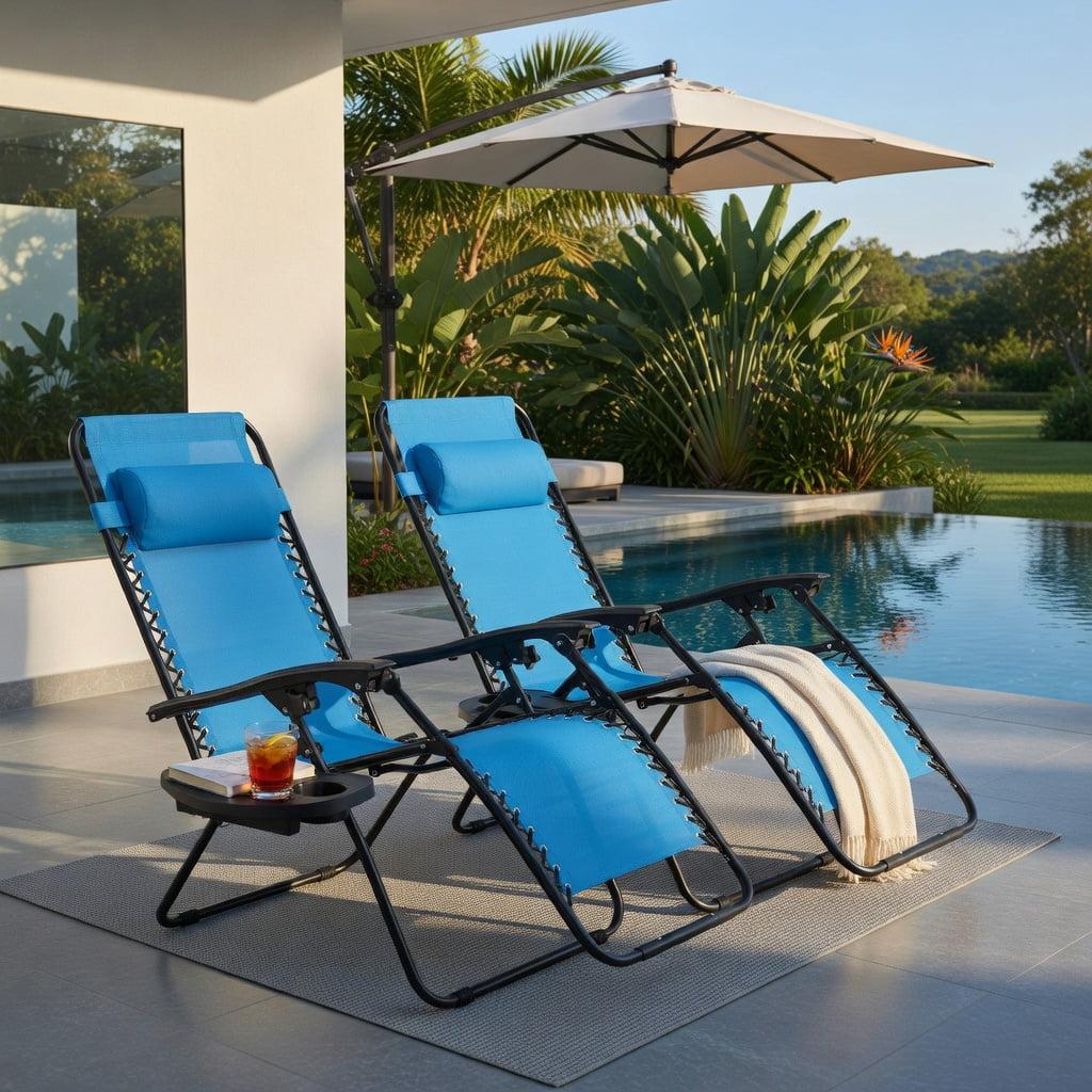 Hommoo 2-Pack Zero Gravity Folding Lounge Chairs with Adjustable Headrest & Removable Tray, Indoor/Outdoor Recliners for Back Support, Light Blue