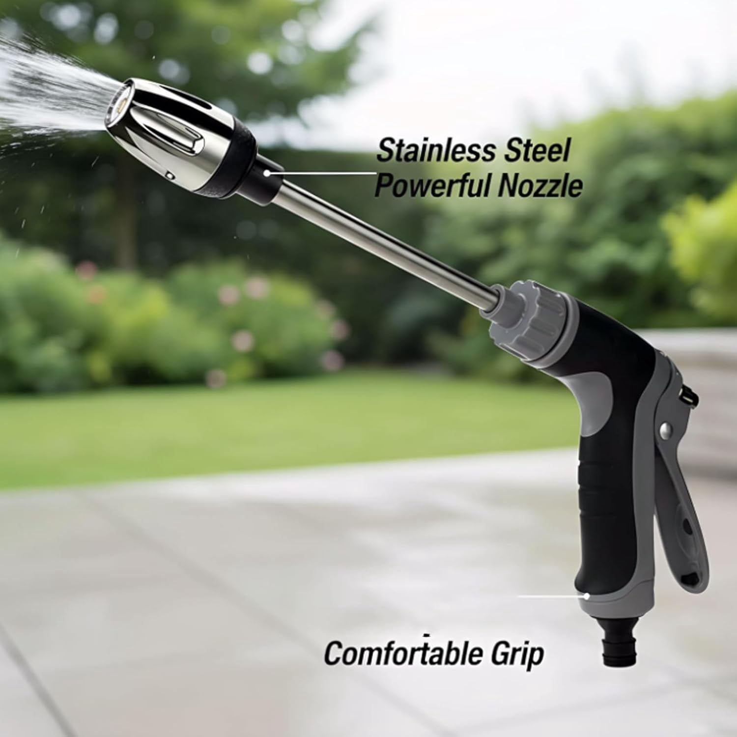 High Pressure Hose Nozzle with 3 Spray Modes Foam Bottle 360° Rotating Garden Hose Spray Nozzle, Stainless Steel Watering Wand for Car Wash, Patio, Driveway & Outdoor Cleaning (Black, with Soap Di  P