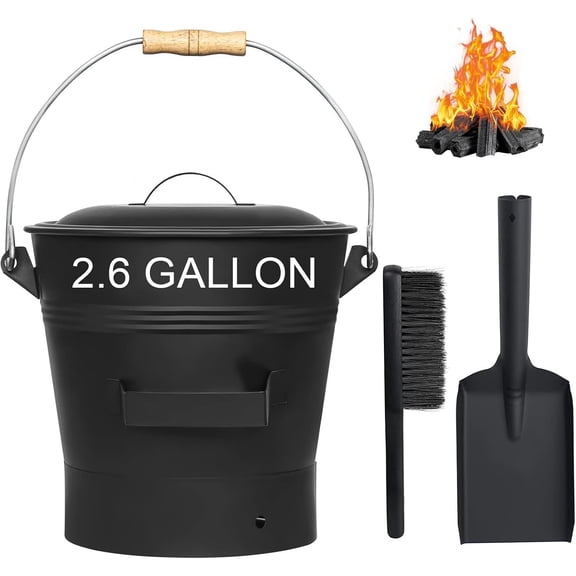 2.6 Gallon Fireplace Ash Bucket with Lid Shovel, Hand Broom, Charcoal Wood Fire Pits Burning Stoves, Coal Pellet Metal Buckets, Hot Wood Carrier Pail Fire Pits Ash Can Cleaning Tools
