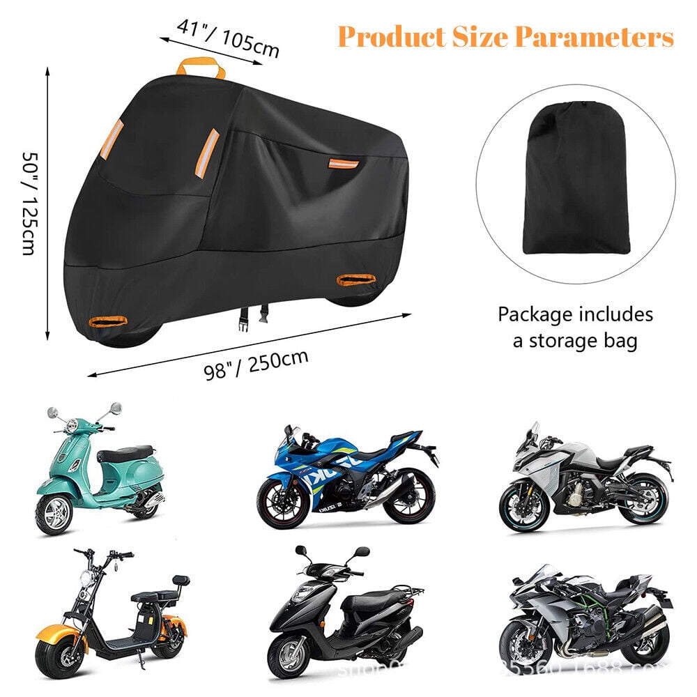 Motorcycle Cover (Four Seasons) Waterproof and Sun Protection Outdoor Night Reflective with Keyhole and Storage Pocket, (XXL: 90" x 35" x 50")