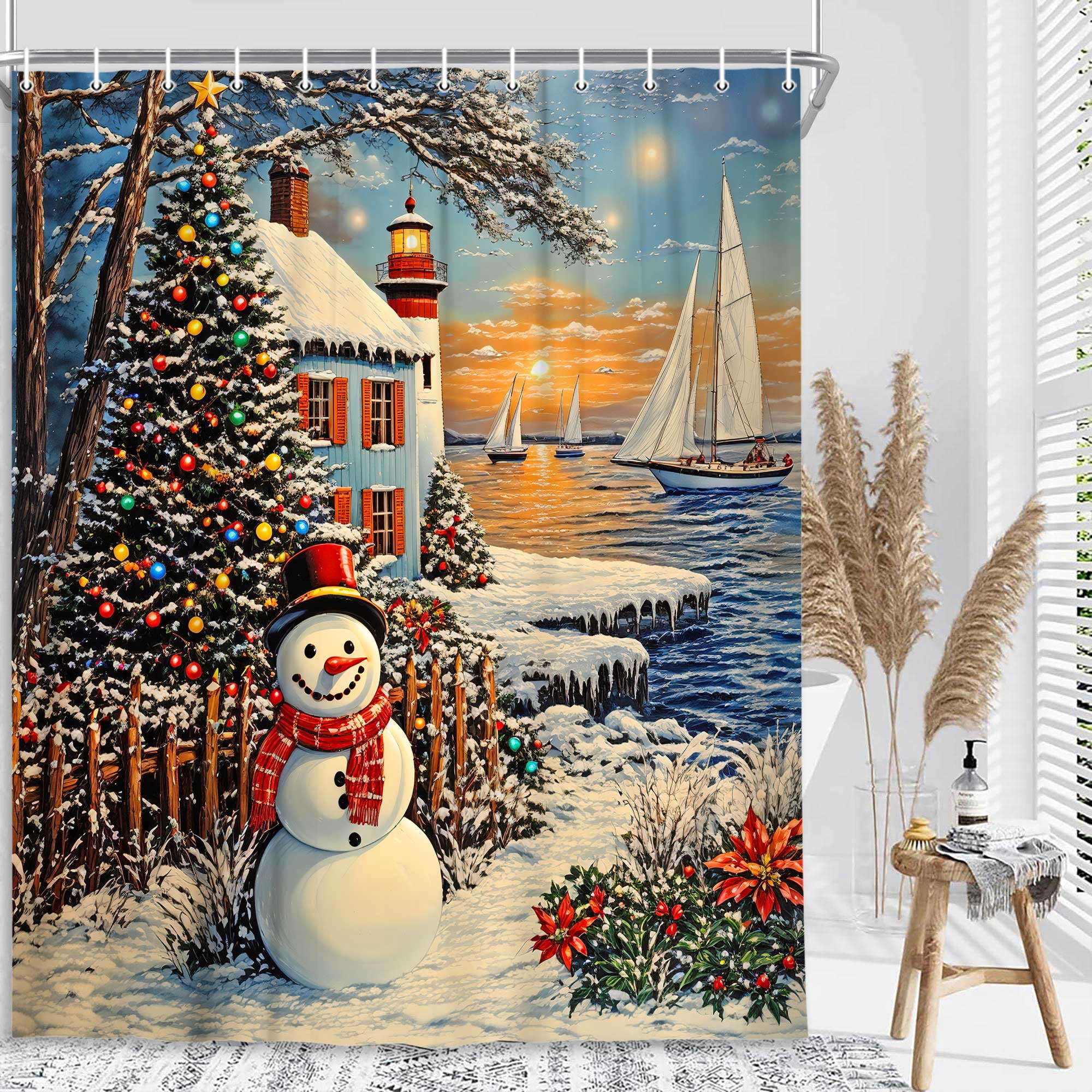 Christmas Lighthouse Shower Curtain, Snowman Snowy Xmas Trees Winter Ocean Coastal Scene Bath Curtain, Rustic Farmhouse Bathroom Accessories for Xmas Bathroom Curtain Liner Set with Hooks, 72X72in