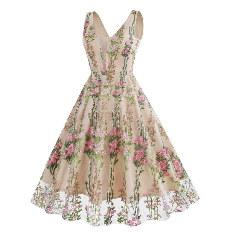 Wycnly Usmixi Womens Dresses Vintage Lace Patchwork Empire Waist Pleated Swing Party Prom 1950s Dresses Summer Floral Print V-Neck Short Sleeve Formal