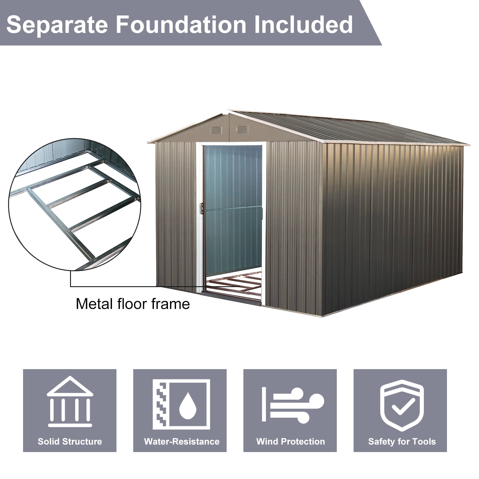 8x10 FT Storage Shed Outdoor Metal Tool Shed Waterproof with Lockable Door Foundation for Backyard Garden Patio Lawn, Gray