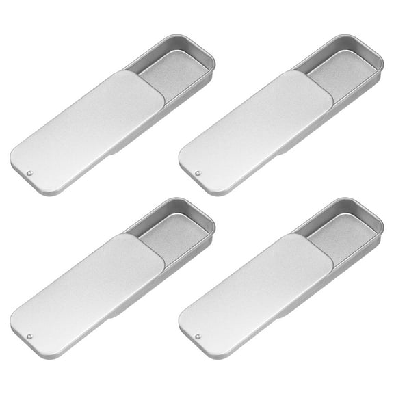 4Pack Slide Top Tin Containers, 3"x1"x0.4" Mini Metal Empty Tins Box with Sliding Lids, Silver