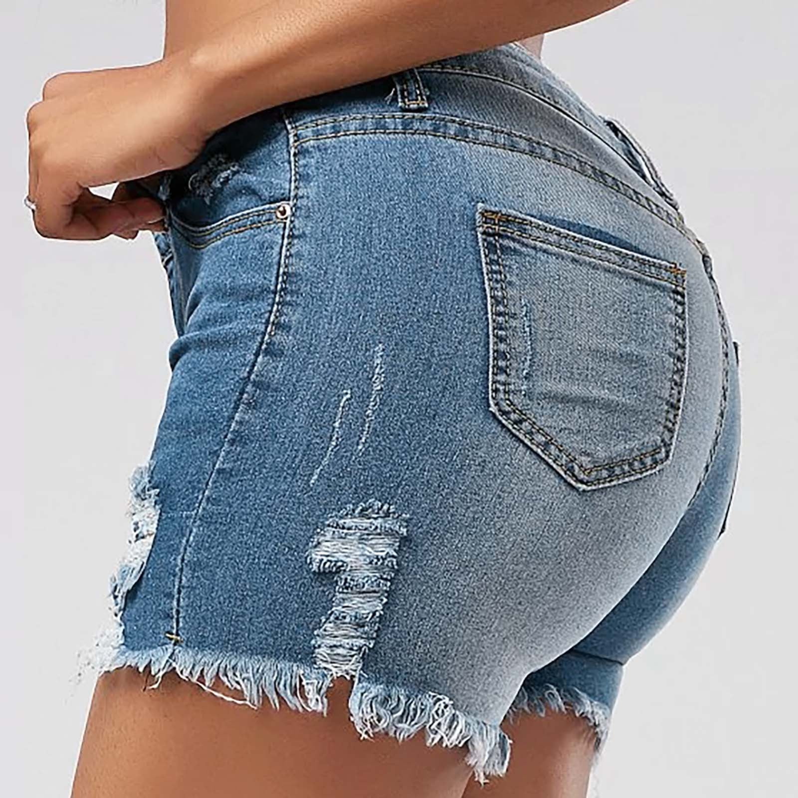 POTETI Jean Shorts for Women Mid Rise Denim Shorts for Women Plus Size Dark Blue Solid Stretchy Button Casual Distressed Ripped with Pockets Shorts