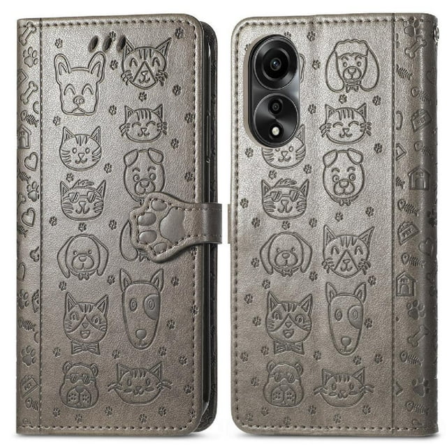 Funda Cartera FOXDOCK para OPPO A78 4G , Flip PU con Relieve de Gatos y Perros, Tarjetero y Soporte