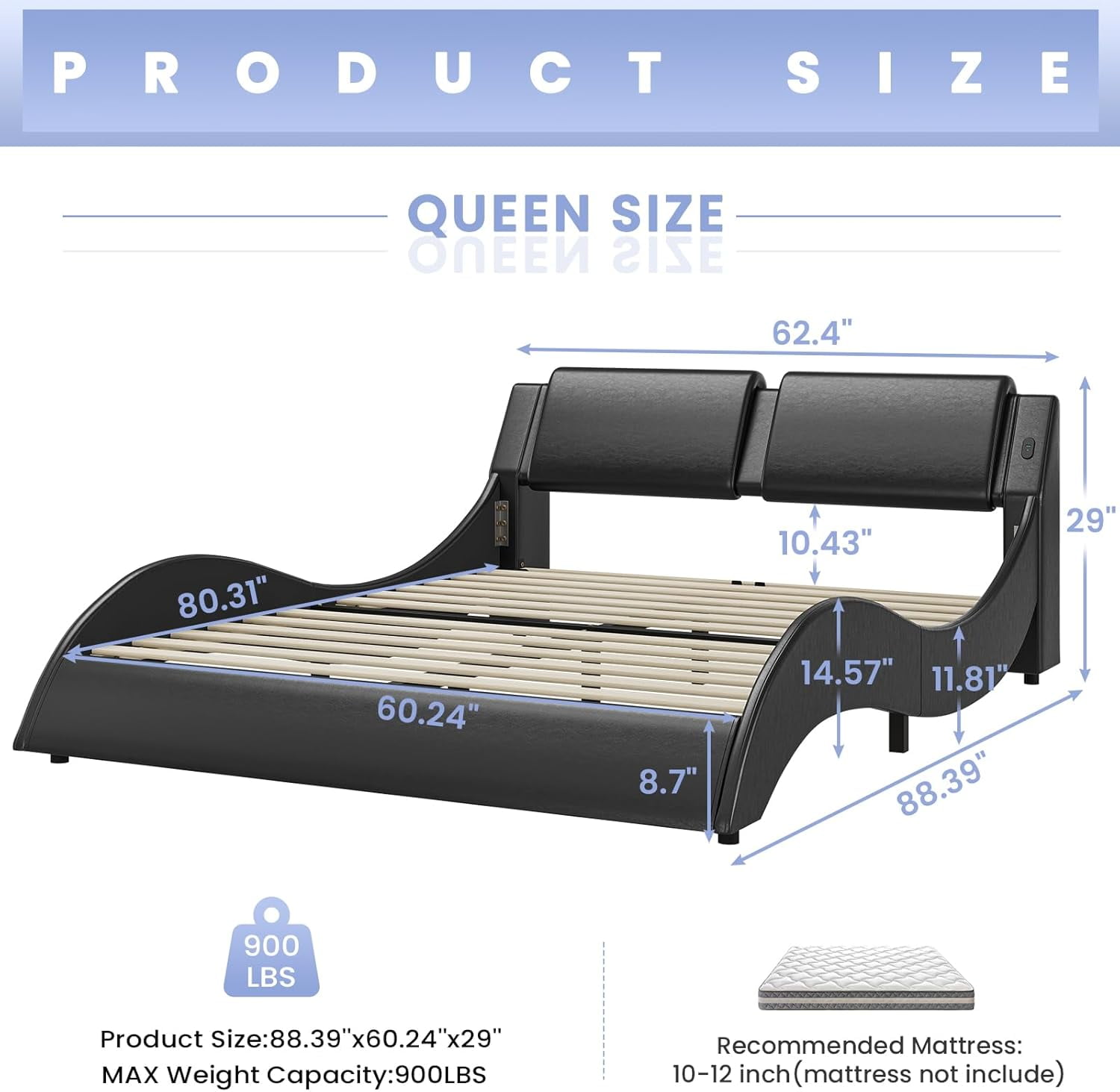 Queen Bed Frame with RGB Led Lights & Charging Ports,Modern Faux Leather Upholstered Platform Bed with Headboard Wave Like Curve Low Profile Bed,Wood Slats Support,Squeak Resistant,Black