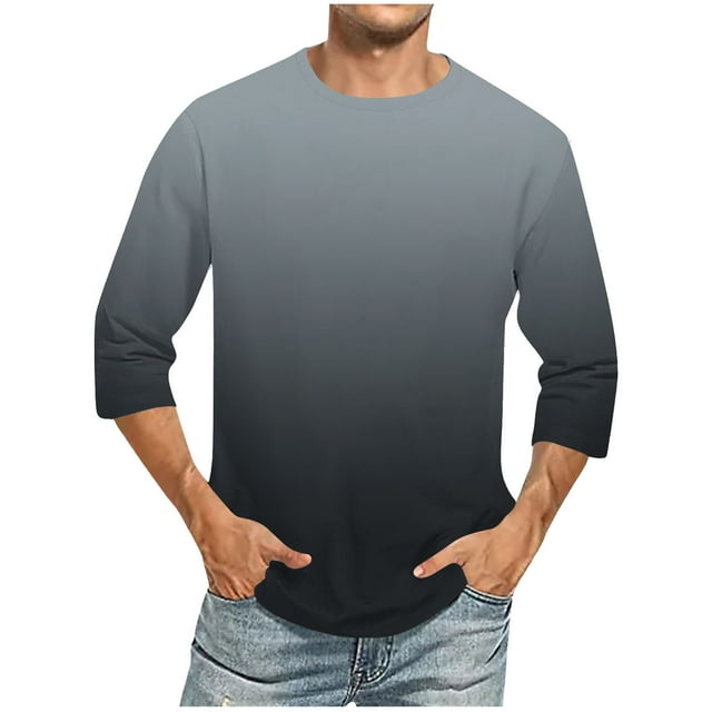 Camisas de Lino para Hombres Impresión Cuello Redondo Casual 3/4 Manga Blusa, Mezcla de Lino de Algodón para Primavera Verano Ocio Y Tops Diarios