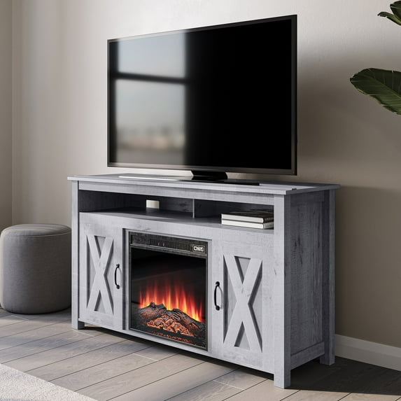 BELLEZE Barn Door Wood Electric Fireplace TV Stand for TVs up to 55 Inches & Media Entertainment Center Console Table with Two Open Shelves and Cabinets - Corin (Light Gray)