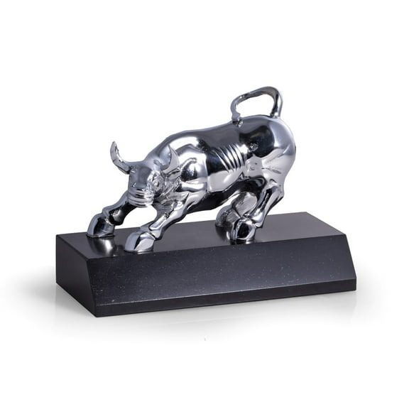 Bey-Berk International D025S Chrome Plated Bull Sculpture on Black Marble Base, Black