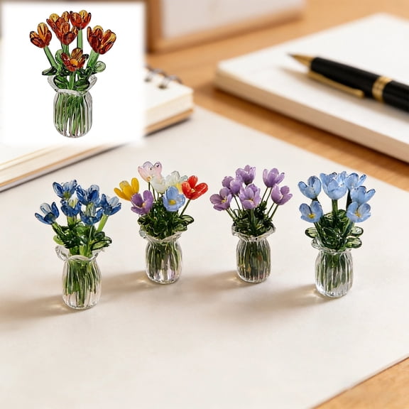 Mini Glass Flowers in Vase,Tiny Glass Flowers in Vase,Miniature Glass Flower with Vase for Women,Cute Small Glass Flower Bouquet for Home Office Table Decor,D