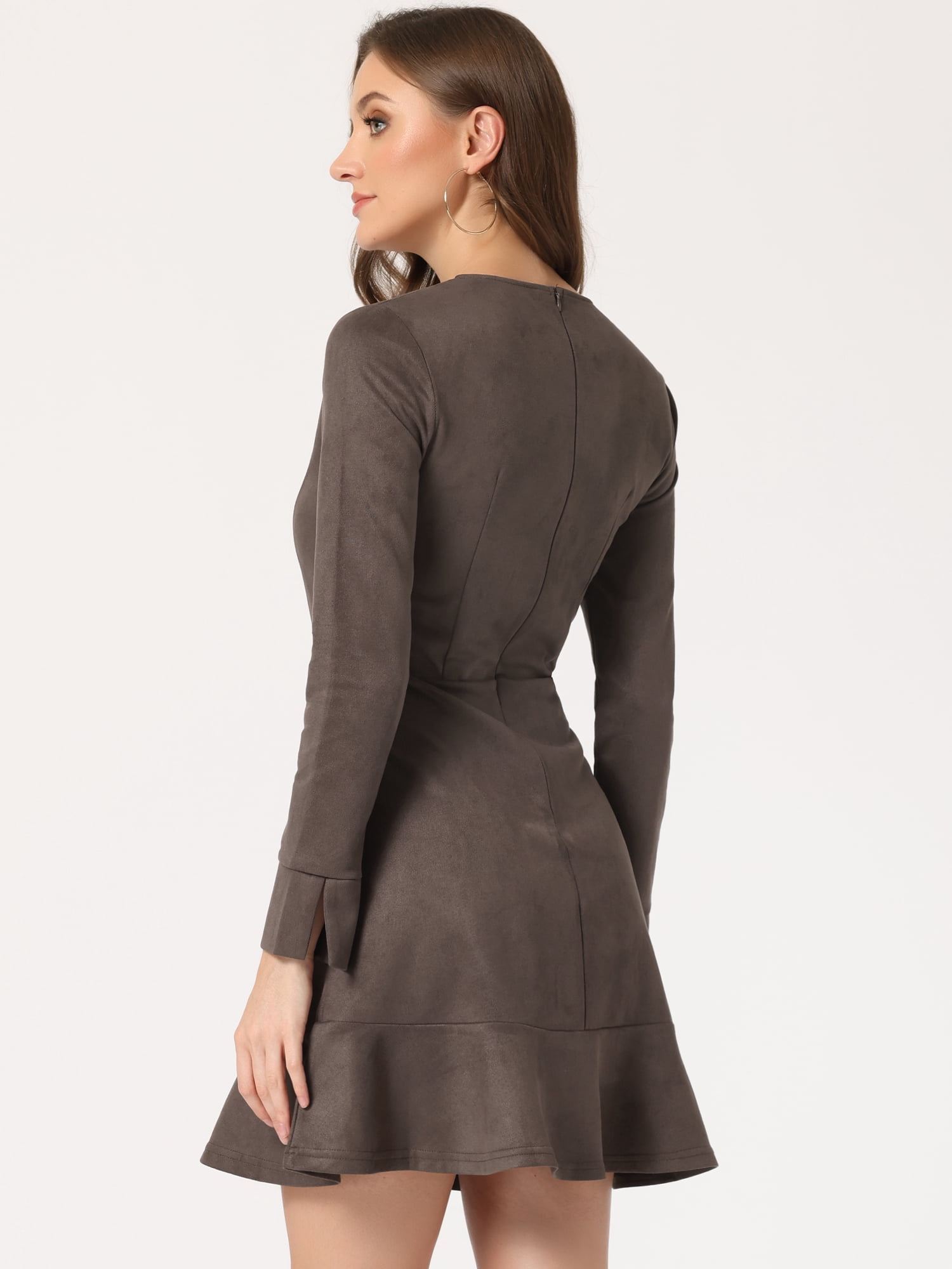 Unique Bargains Women's Faux Suede Ruffle Hem Long Sleeve Mini Dresses XL Dark Brown