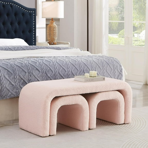 3-Piece Nesting Ottoman  Set - Pink 44 16.5 Inch, Teddy Fabric, Modern Arched Design,  Footrest/Seating for Bedroom, Living Room, Entry