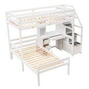 Euroco Wood Twin Bunk Loft Bed with Desk, Drawers and Shelf for Kids Teens, White