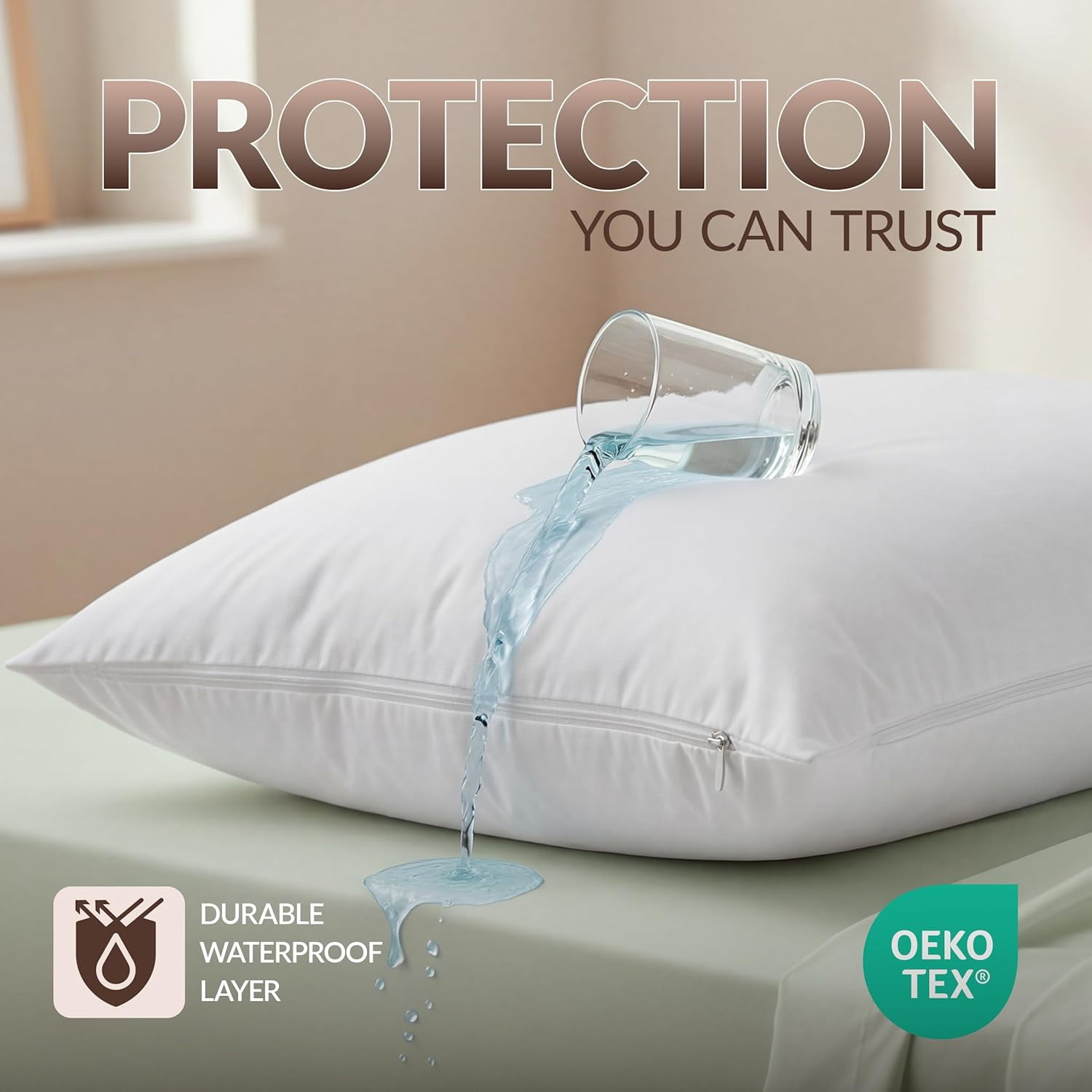 Beddora Queen Size Pack of 2 Waterproof Zippered Pillow Protectors 20" x 30" – Bed Bug & Dust Mite Proof Encasements, Soft Noiseless Pillow Covers