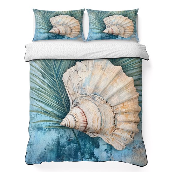 Shell Palm Leaf 3 Piece Quilt Bedding Set with 2 Pillow Shams, Ocean Conch Lightweight Bedspread Coverlet, Soft Breathable All Season Quilt, 68 x 86 Inch