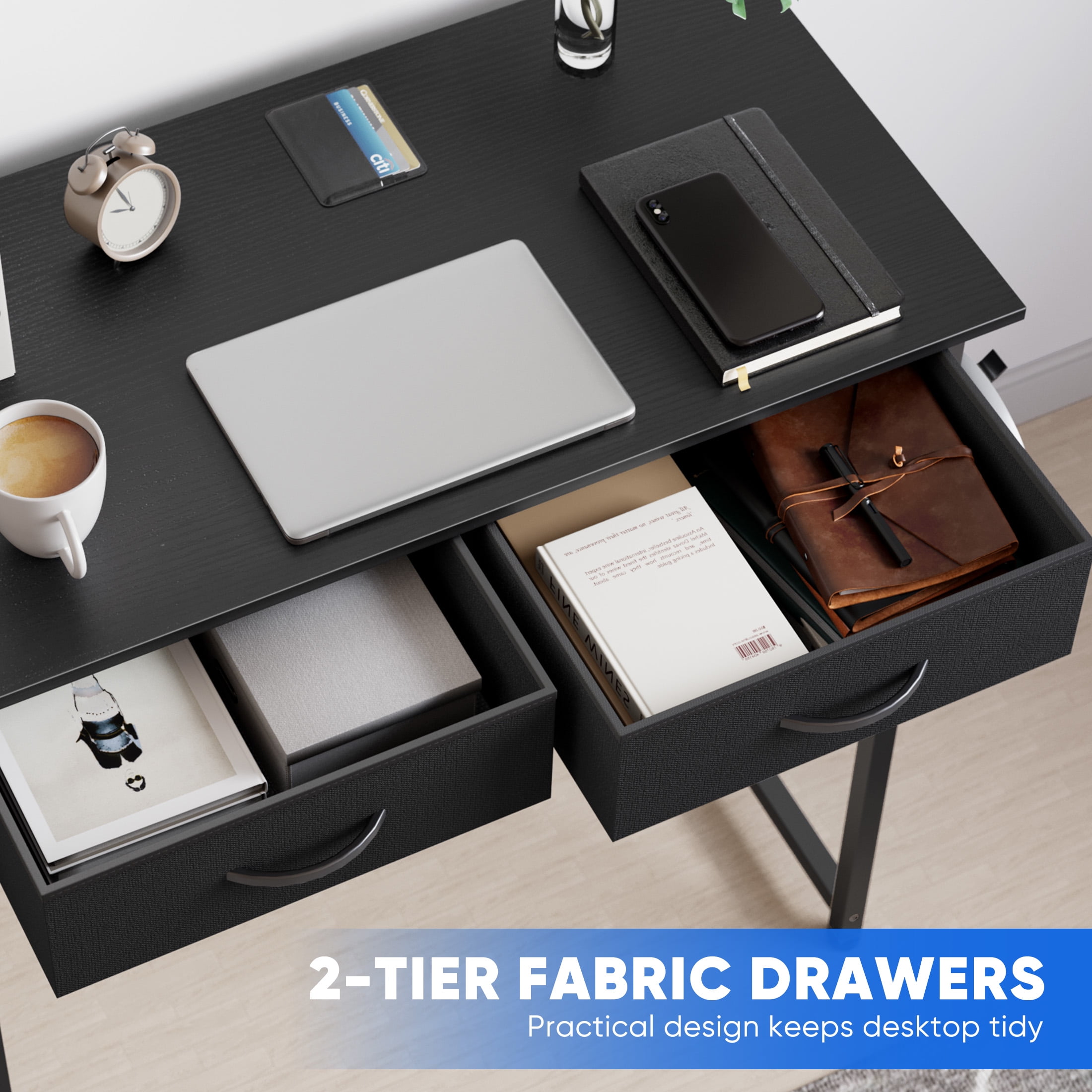 JIOABL Small Desk with 2 Drawers 32 Inch Bedroom Kids Student Vanity Home Office Computer PC Table with Fabric Storage Bag, Study Writing Wood Deskboard for Small Spaces,Black