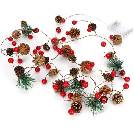 20 LED Christmas Garland Lights String, 6.5ft Pinecone Red Berry Garland Light Battery Power Fairy String Lights for Christmas Tree Holiday Party Wedding Patio Garden Thanksgiving Home Decoration