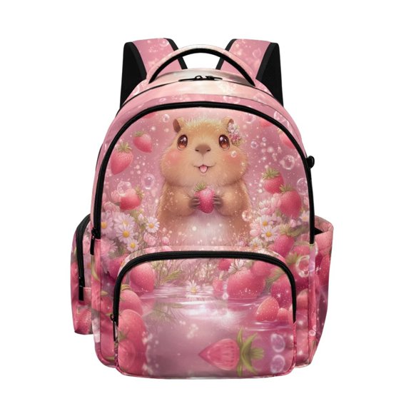 Kuiaobaty Capybara Floral Print Backpack for Girls 8-10 Strawberry Print Bookbags with Side Pockets Large Capacity School Backpack for Primary School, Pink