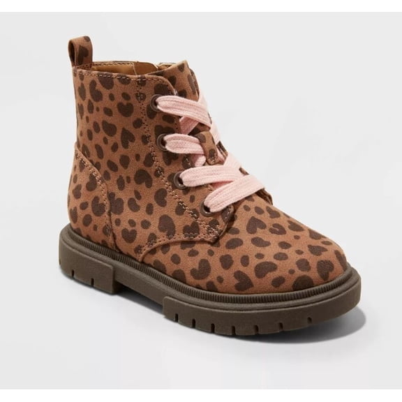Toddler Girls' Boots Zipper Combat, Leopard Print, Pink Laces, Brown, Size 6