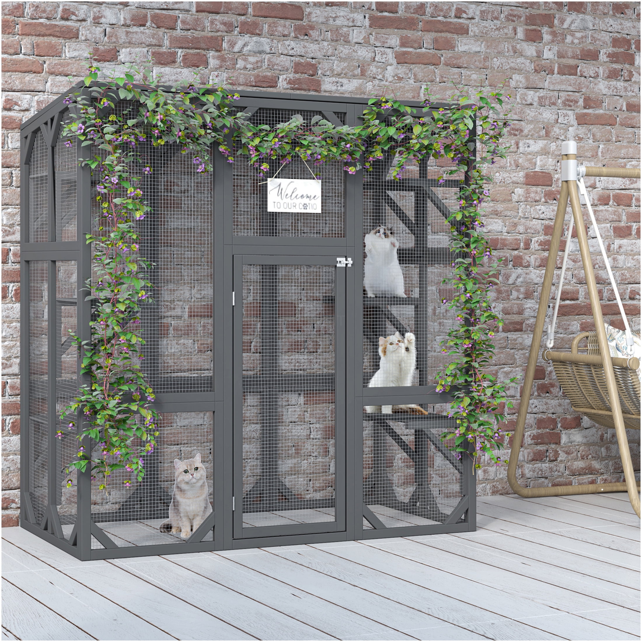 JERFIT 60" Large Outdoor Catio Enclosure with Waterproof Roof, 6 Multi-Level Platforms, Durable Wood & Wire Mesh Cage, Grey Cat House for Multiple Cats