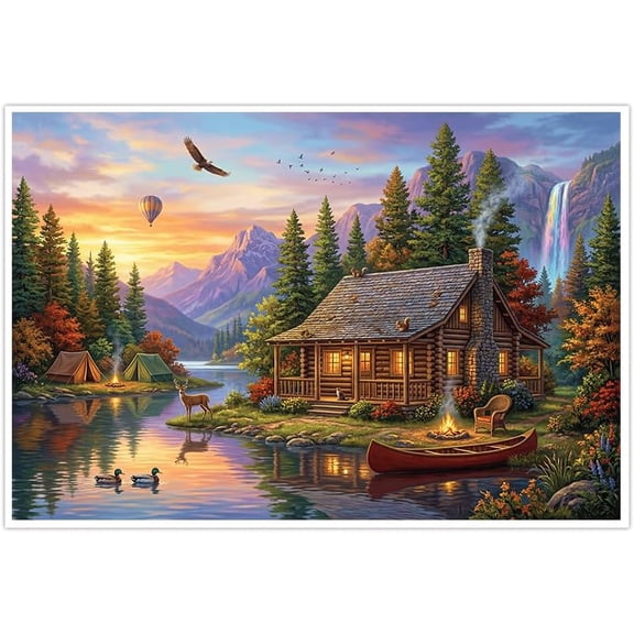 Nature Mountain Landscape Canvas Wall Art Posters Rustic Log Cabin Lake View Sunset Wildlife Scenery Painting Home Decor for Living Room Bedroom Cabin Lodge