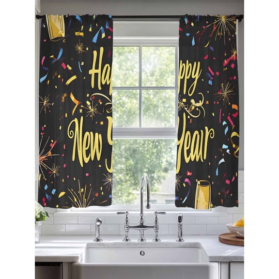 Happy New Year Sheer Curtains for Living Room Bedroom Colorful Modern Abstract Art Sheer Curtains 72 Inch Long 2 Panels Set Light Filtering Curtain Window Treatments Drapes for Dining Room