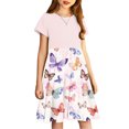 thumbnail image 4 of Spazoro Kids Girls A Line Dresses, Stretchy Wrinkle Butterfly Print Short Sleeve New Style Princess Dress for Child Girls Pink Size 5 T, 4 of 7
