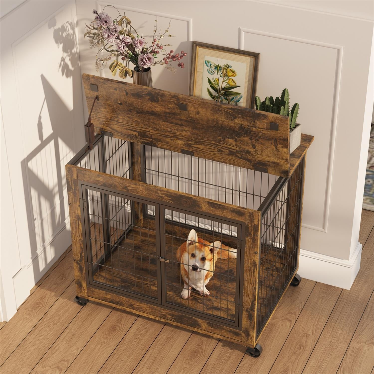 Pefilos 24" Dog Crate for Medium Dogs Furniture Dog Cage for Indoor Dog House with Double Doors and Lift Top with Casters, Brown Pefilos 24" Dog Crate for Medium Dogs Furniture Dog Cage for Indoor Dog House with Double Doors and Lift Top with Casters, Brown