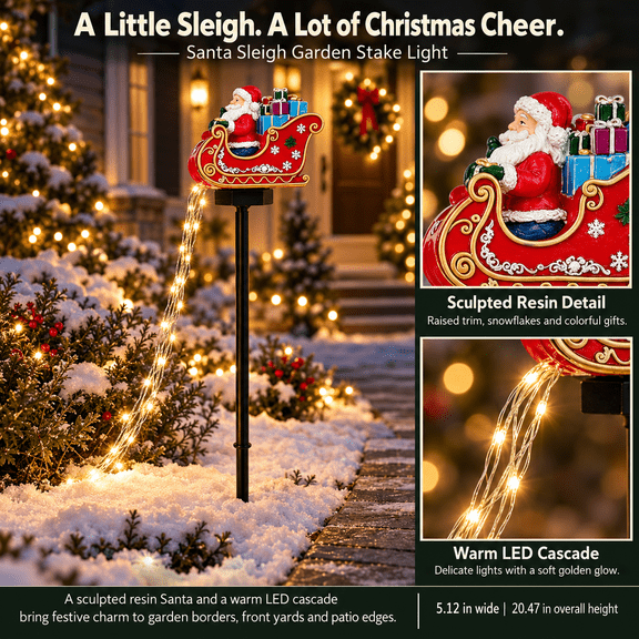 2026 New Santa’s Flying Sleigh Gift Cascade–Solar Christmas Garden Light, Waterproof Outdoor Yard Stake Lamp, Warm Glowing Festive Decor For Lawn And Holiday Home Decor