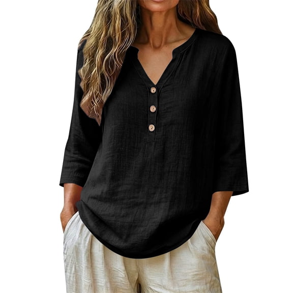 3/4 Sleeve T Shirts for Women Womens Shirts Dressy Casual Daily T Shirts Peasant Tops for Women Business Casual Outfits Womens Linen Tunic Tops Vintage Tunic Womens Casual Tops Black L