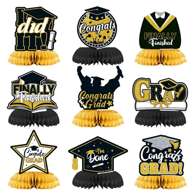 Jinswick Graduation Party Decorations Congrats Grad Table Centerpiece Class of 2025 Honeycomb Table Toppers for Graduation Party Supplies Design 9PCS Black