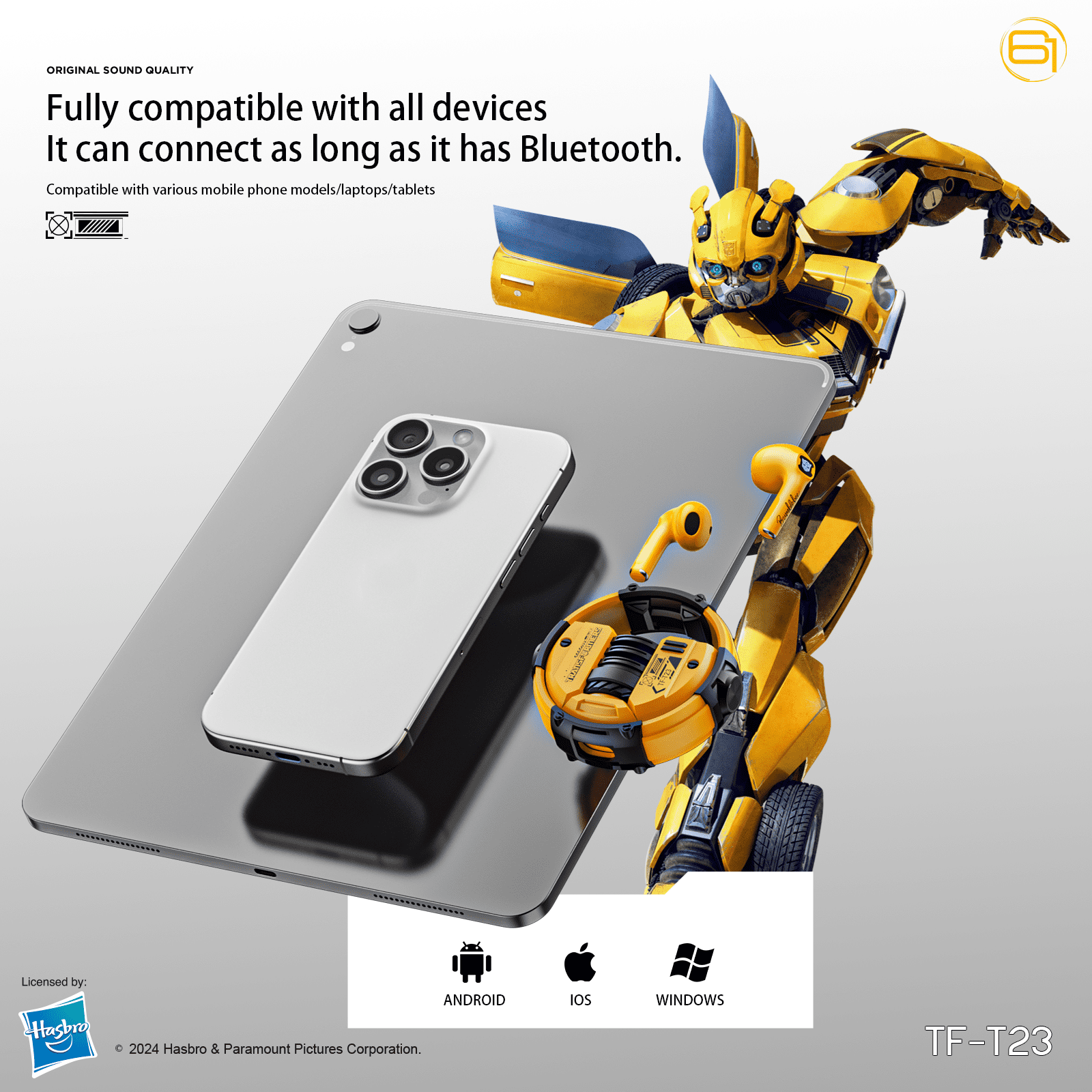 Transformers TF-T23 Wireless Bluetooth Earbuds - Premium Zinc Alloy Case RGB Breathing Lights, Gaming Mode, 13mm Loudspeaker, Deep Bass Sound, Long Battery Life, Type-C Fast Charge – Bumblebee Yellow