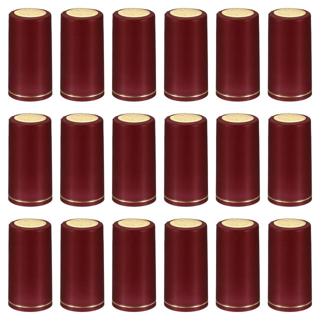 Unique Bargains Bouchon Rétractable en PVC avec Languette de Déchirure pour Bouteille de Vin, 120 Pcs 30x60mm Couvercle de Pellicule Rétractable en Ligne Rouge. l'Image Affiche un Ensemble de Capuchons Rétractables en PVC Rouge avec accents Dorés, Arrangés en Grille Soignée. Ces Capuchons Mesurent 30mm de Diamètre et 60mm de Longueur, Offrant une Étanchéité Sécuritaire et Élégante pour Bouteilles de Vin. Ils Conviennent aux Bouteilles de Vin Rouge, de Vin de Glace et de Vin de Fruits, Améliorant Leur Apparence