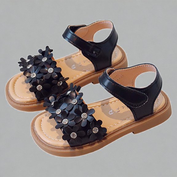 Krdevn Girls' Floral Rhinestone Sandals, Adjustable Hook and Loop Strap, Soft Sole Open Toe Summer Flats, Cute Casual Outdoor Play Shoes for Kids,Sizes 4-4.5 Years