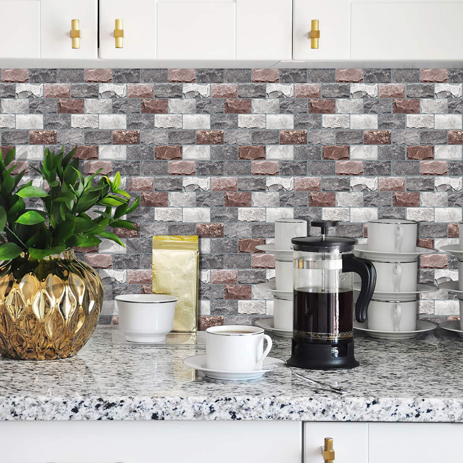 DEWOO 10 Sheets Peel and Stick Tile Backsplash for Kitchen Wall Tile, Self Adhesive Brick Backsplash Subway Tiles Backsplash, Stick on Tiles Kitchen Backsplash(Gray Brown,10.6"x10")